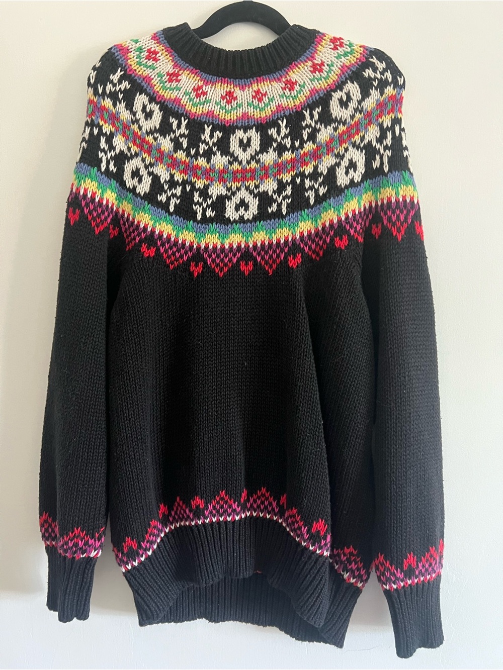 Black Fair Isle Crewneck Sweater with Multicolor Yoke- Susan Bristol- Size M
